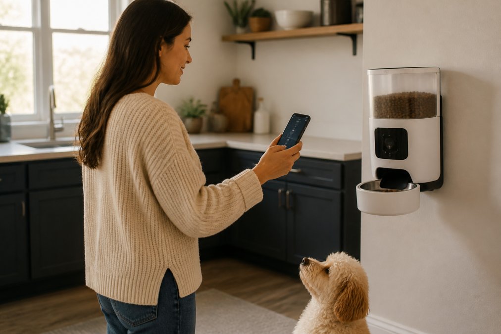Pet owner holding smartphone displaying the smart pet feeder mobile app with WiFi connection confirmation screen, standing in a modern kitchen near the mounted feeder device with natural morning light from window