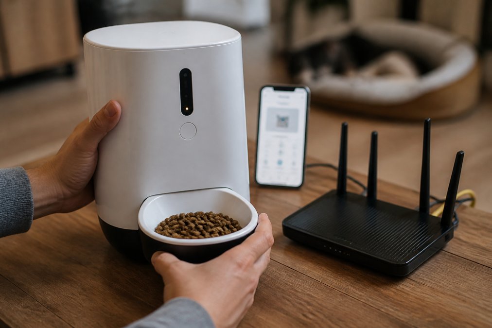 Close-up of hands holding a smart pet feeder near a WiFi router, with the feeder's LED indicator visible and a smartphone displaying the mobile app in the background