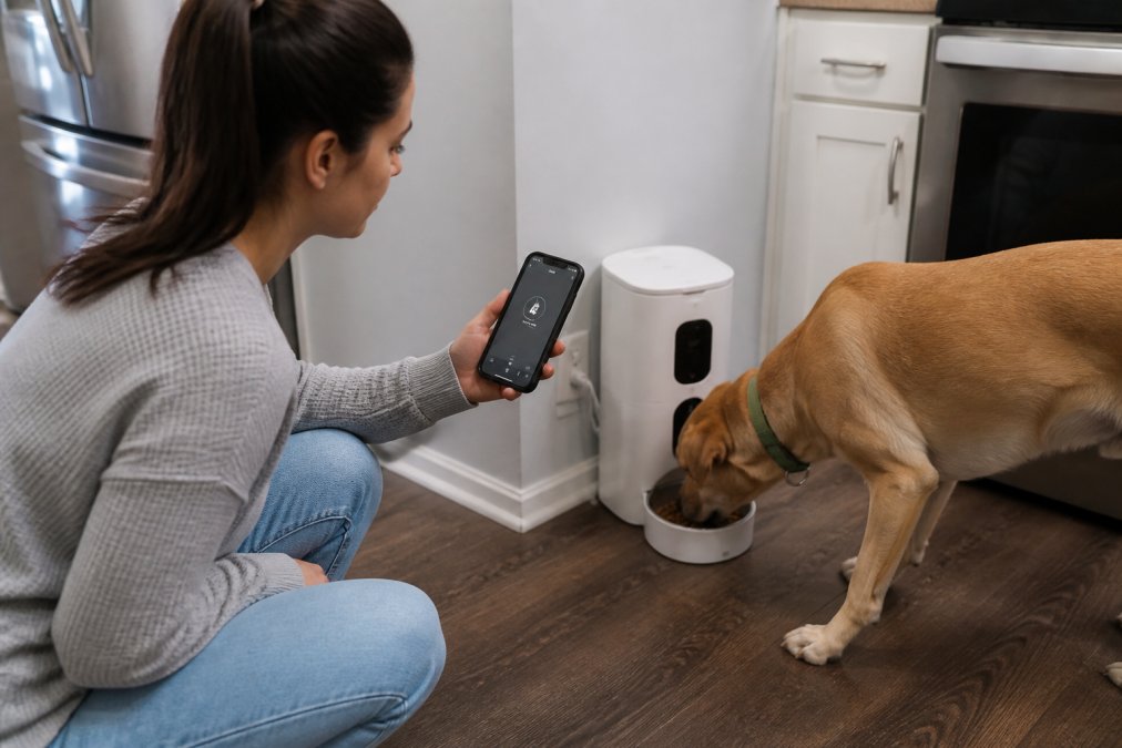 Pet owner checking their smartphone app while their dog eats from a smart feeder in a home kitchen setting, showing the offline indicator on screen