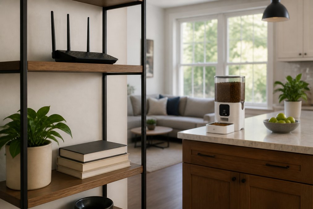Modern home interior showing a WiFi router positioned on a high open shelf in a living room with clear sightlines, a smart pet feeder visible on the kitchen counter in the background, natural daylight from windows