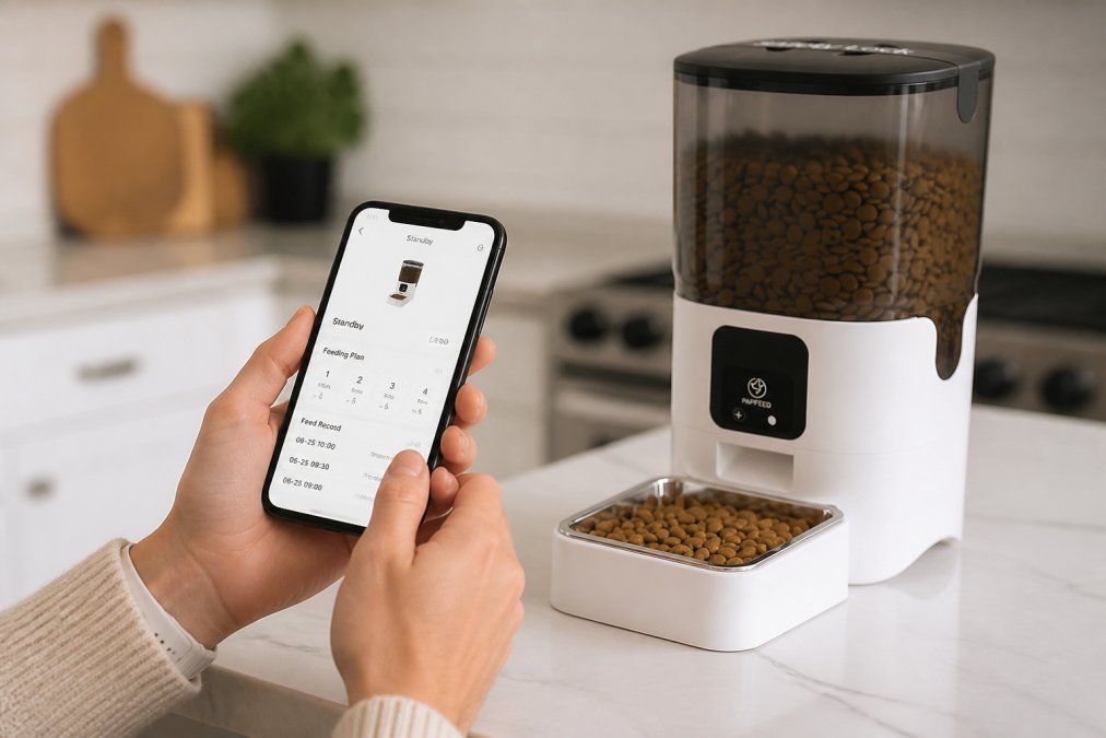 Close-up of hands holding a smartphone displaying a pet feeder app interface with real-time meal monitoring and scheduling screens visible, the actual feeder unit visible on a kitchen counter in soft background focus