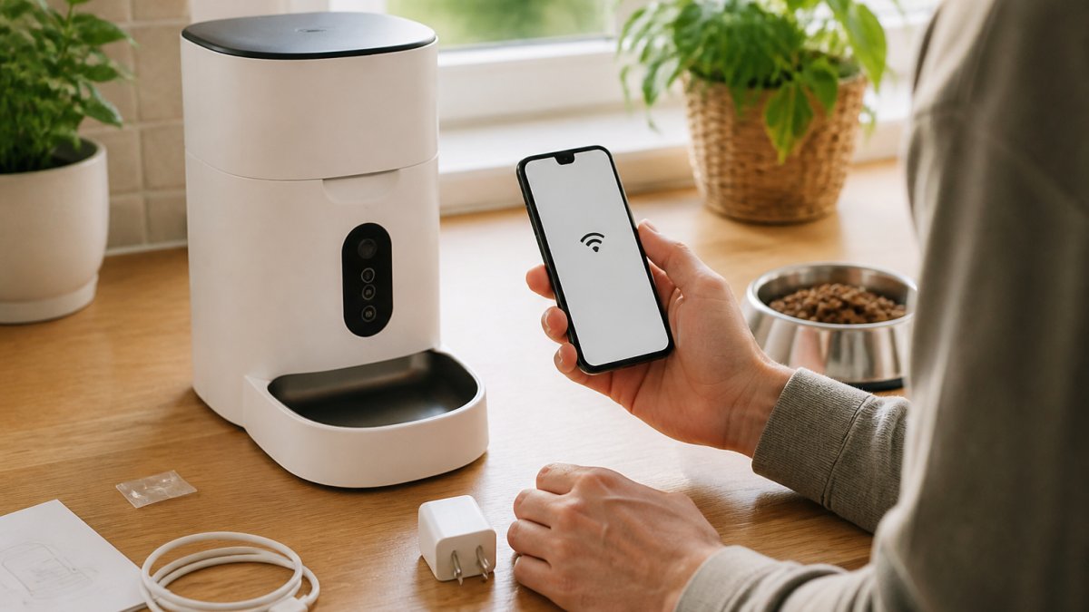 Pet owner's hands setting up a smart automatic pet feeder on a kitchen counter near a window, with the feeder displaying its WiFi connection screen on a smartphone