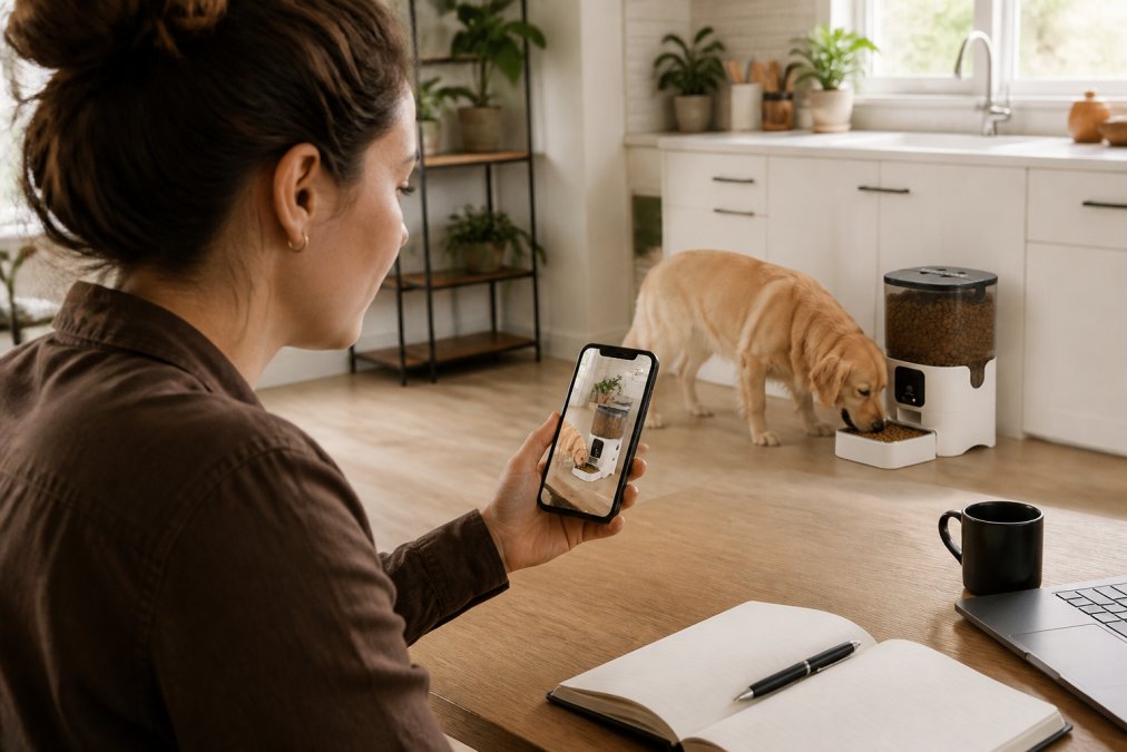 Pet owner sitting at desk checking smartphone app displaying live video feed of golden retriever eating from automatic feeder in bright, modern kitchen