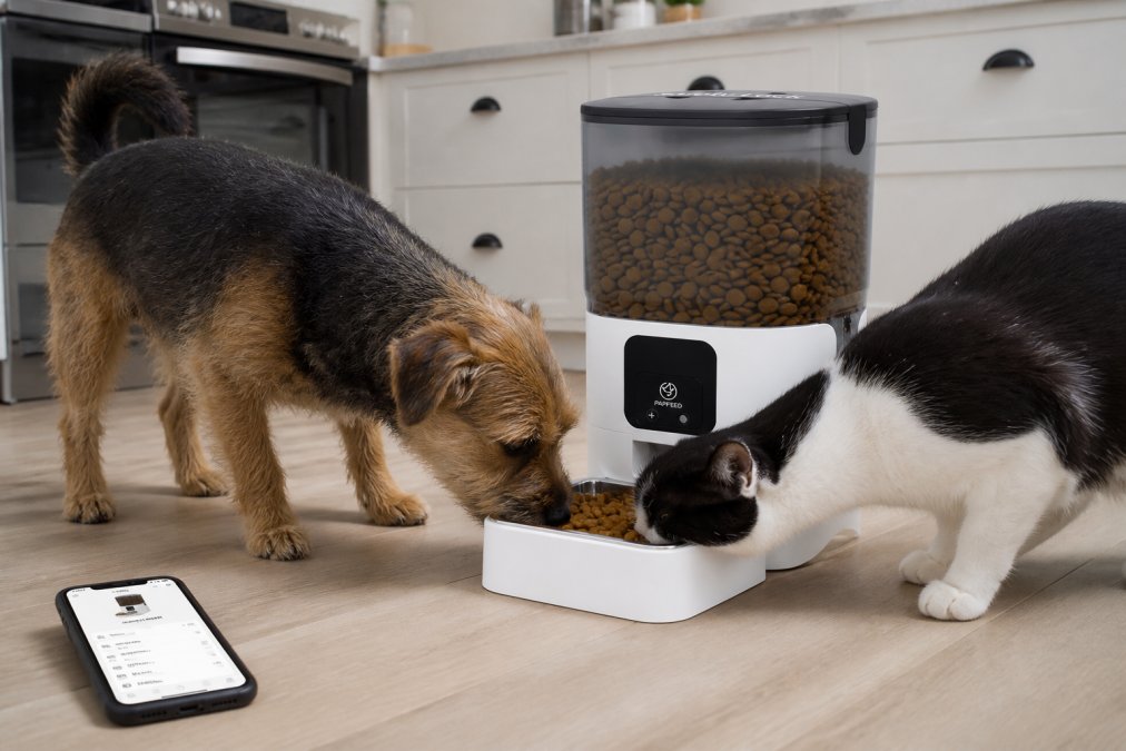 Cat and small dog eating together from automatic feeder bowl in minimalist kitchen, smartphone on counter showing feeder app interface with scheduled meal times