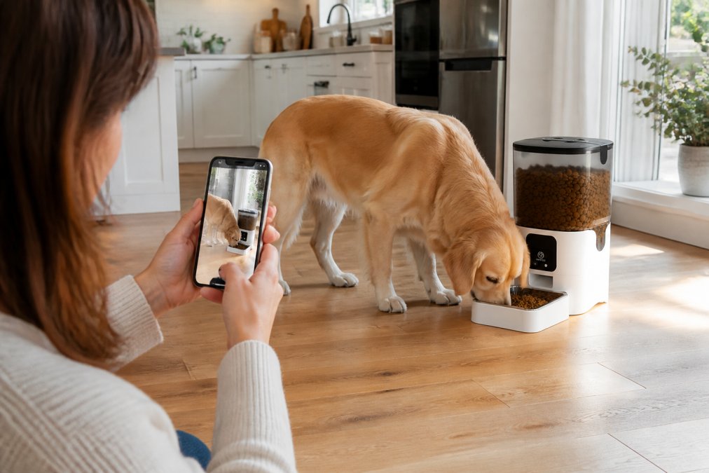 Pet owner holding a smartphone displaying a live camera feed of their dog eating from a smart feeder in a bright, modern kitchen with natural light streaming through windows