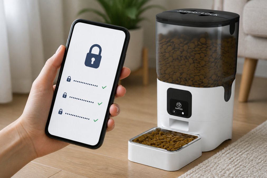 Close-up of a smartphone showing a security settings screen with a padlock icon and encryption indicators, representing data protection for pet tech apps