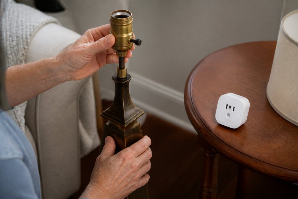 Close-up of a person's hands examining an old floor lamp's socket and base, checking for damage or wear, with a smart plug visible on a nearby table