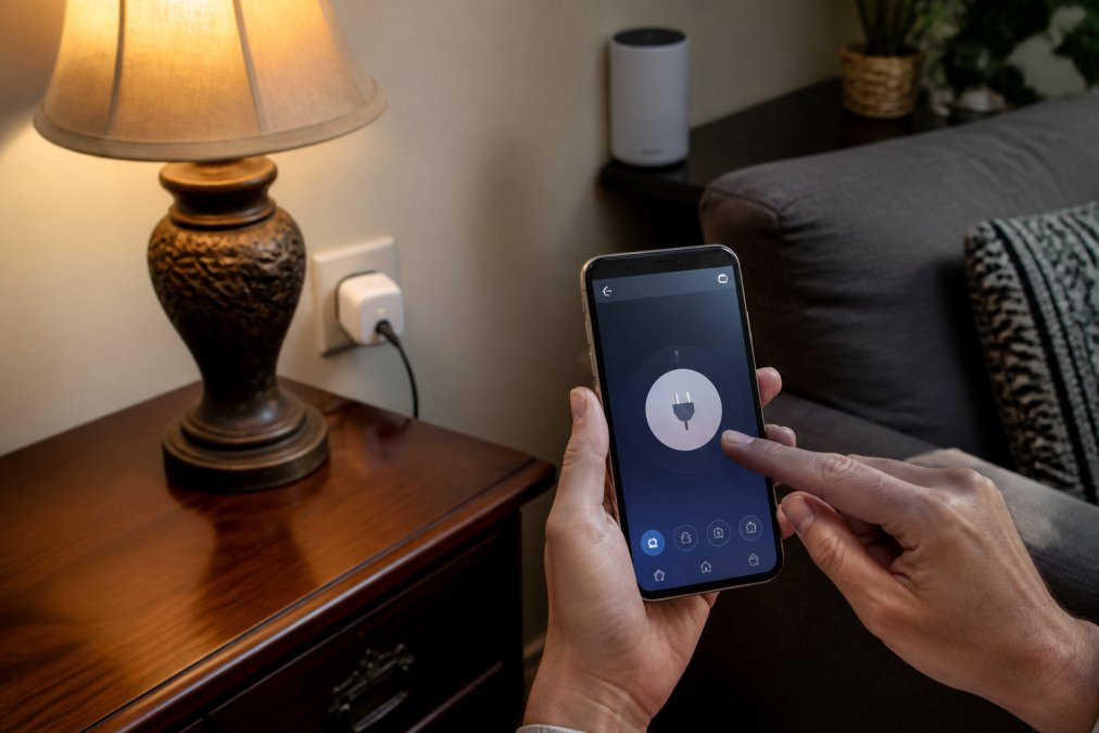 A living room with an older table lamp controlled by a smart plug, smartphone showing smart home app interface, and a smart speaker in the background
