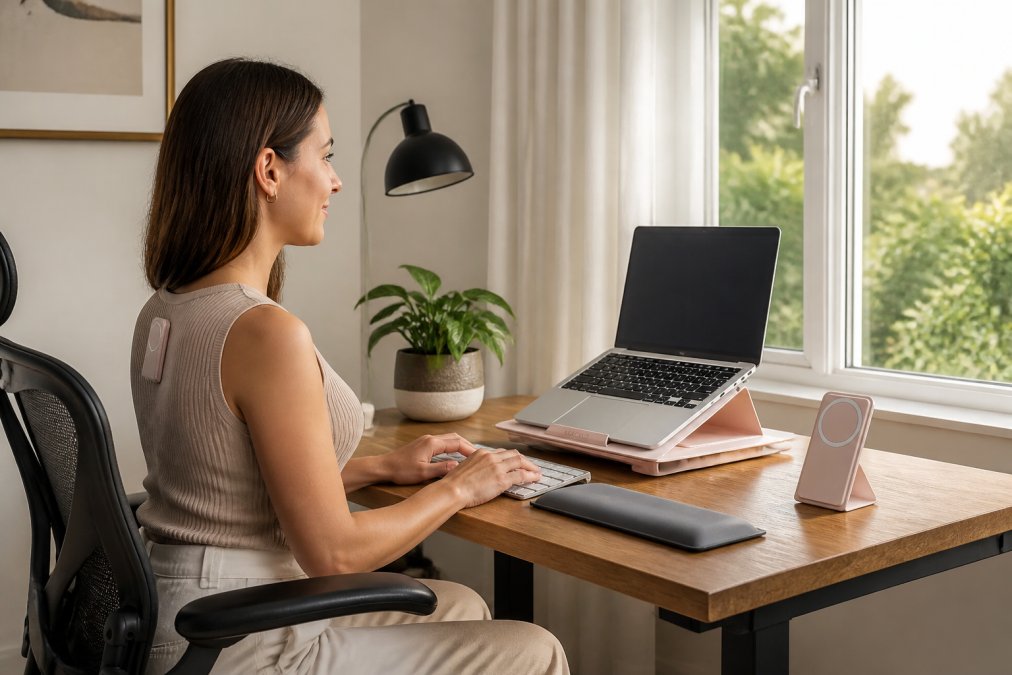 Person sitting at a tidy home office desk with a laptop on an adjustable stand positioned at eye level, sitting with upright posture, natural light coming through a window to the side