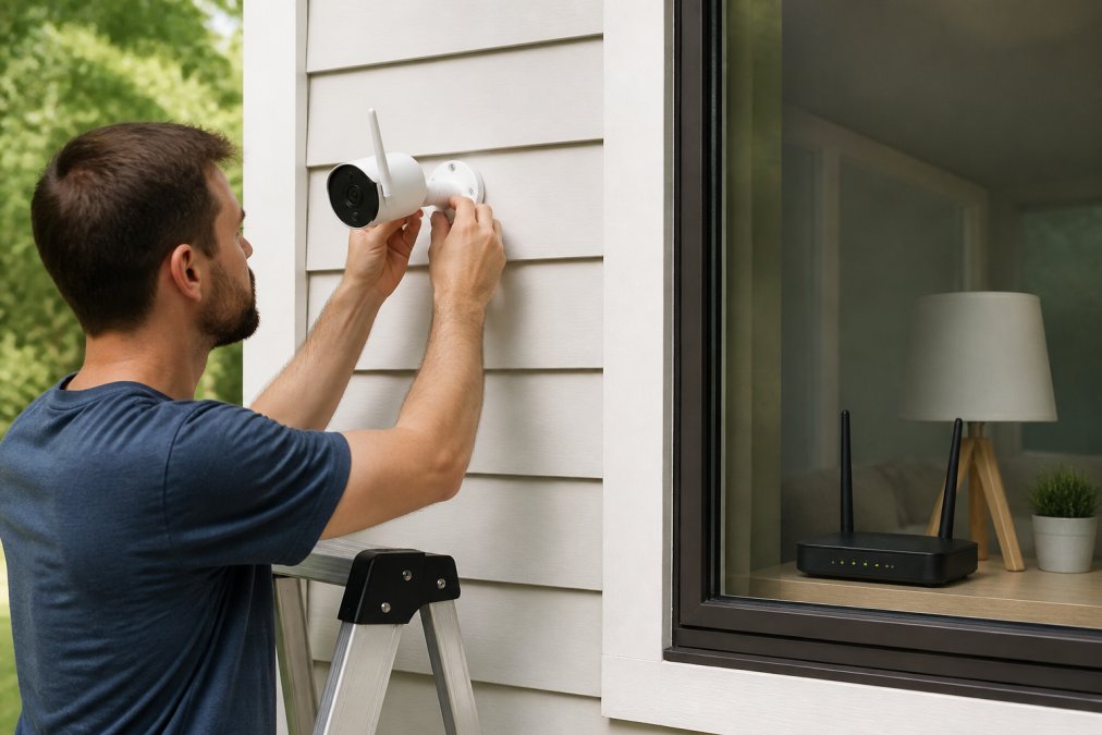 Homeowner mounting an outdoor wireless security camera on the side of a house with proper angling, WiFi router visible through nearby window showing optimal indoor placement, natural daylight