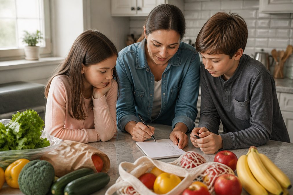 Parent with two children at kitchen counter reviewing a printed grocery list and digital tablet, writing notes together with natural afternoon light