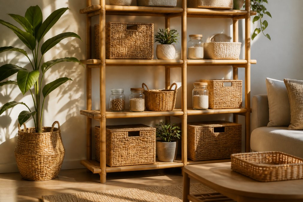 A bright living room corner featuring a modular bamboo shelving unit with woven seagrass baskets and clear glass jars neatly organizing household items, lit by soft afternoon sunlight