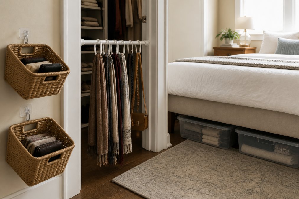 Bright rental apartment bedroom showing adhesive hooks holding woven baskets, tension rods organizing scarves and accessories, and under-bed storage containers visible under a neatly made bed, demonstrating multiple damage-free storage solutions in action