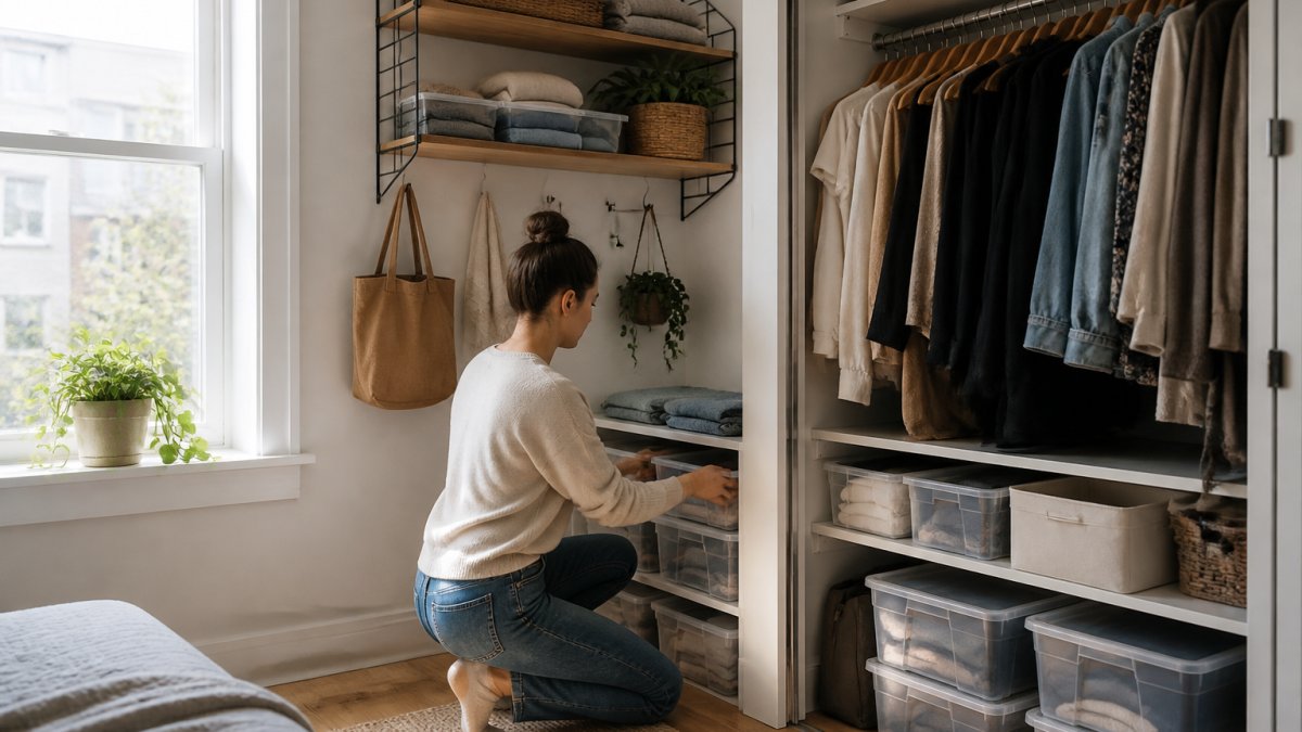 A person organizing a small apartment closet with a mix of clear storage bins and a wall-mounted shelf, natural light coming through a window