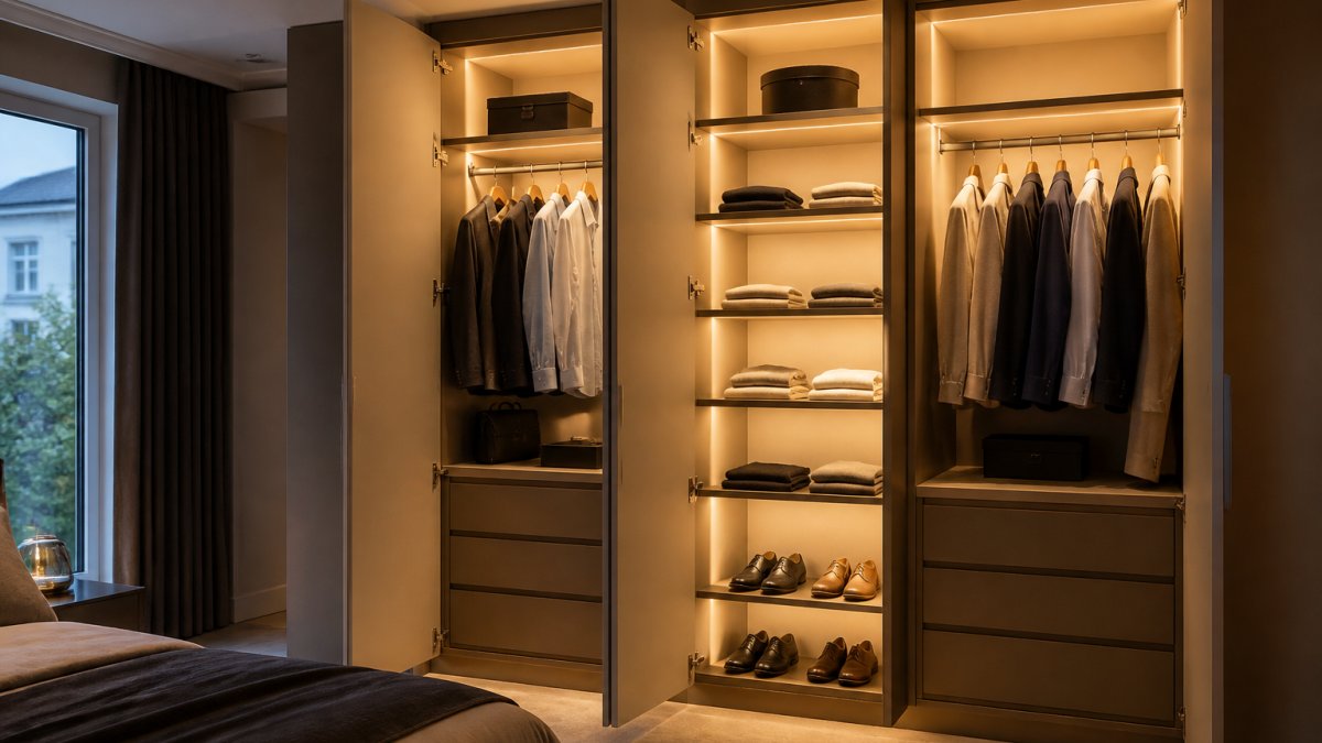 A modern fitted wardrobe interior with warm LED strip lighting along backlit shelves and an illuminated hanging rail, clothes neatly arranged, soft evening light in a contemporary bedroom