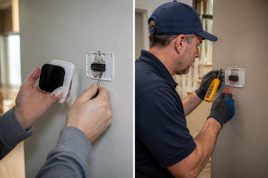 Professional HVAC technician in uniform installing smart thermostat on home wall, using voltage tester and checking low-voltage wiring connections, modern residential interior with neutral walls