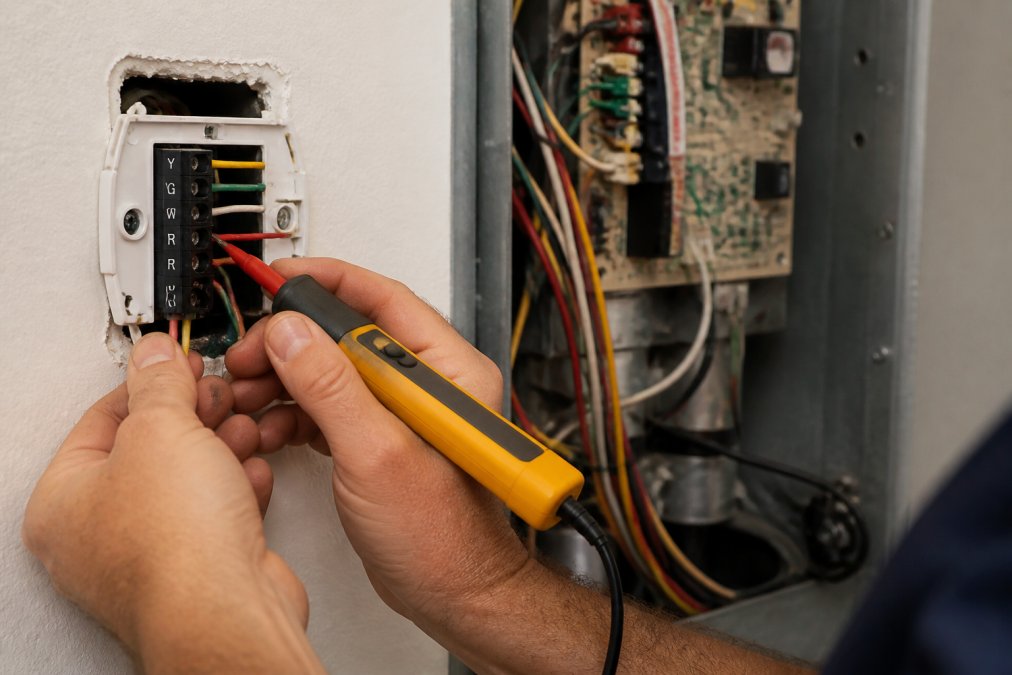 A technician's hands holding a digital voltage tester against exposed thermostat wiring terminals inside a wall cavity, with a furnace control board visible in the blurred background and wire labels clearly marked