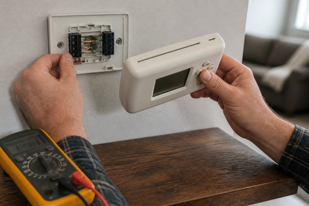 A homeowner's hands carefully removing the faceplate from an older wall-mounted thermostat, exposing four colored wires with small printed labels beside each terminal, with a digital multimeter resting nearby on a wooden shelf