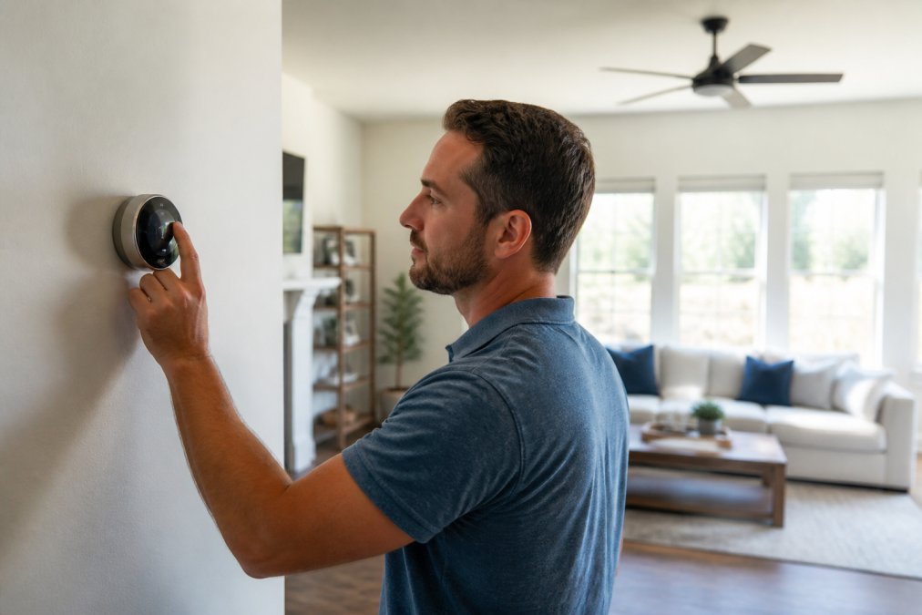 A homeowner adjusting a wall-mounted smart thermostat in a bright living room, with a ceiling fan spinning and natural light streaming through the windows