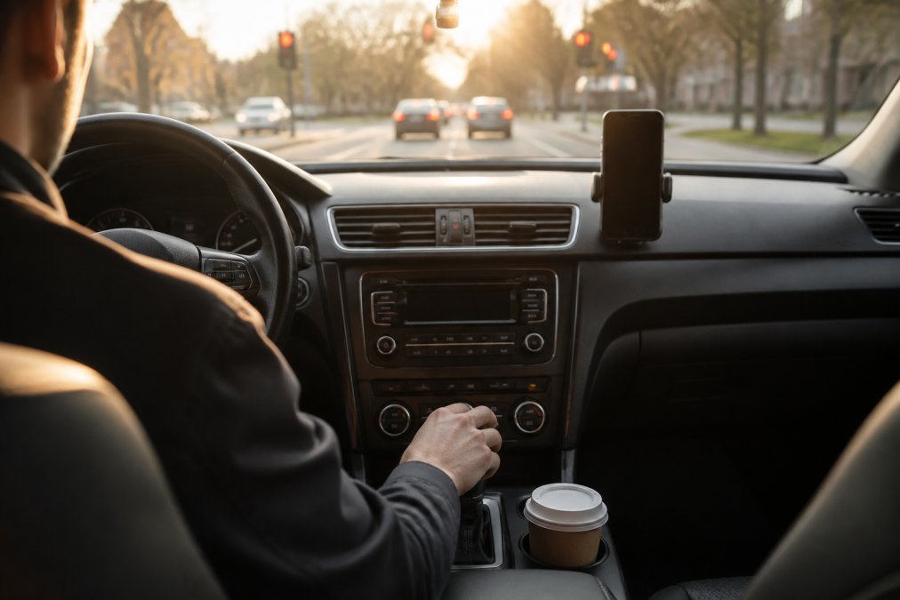 Driver adjusting a digital cup warmer, a smart way car accessories upgrade, inside a modern vehicle at a light.