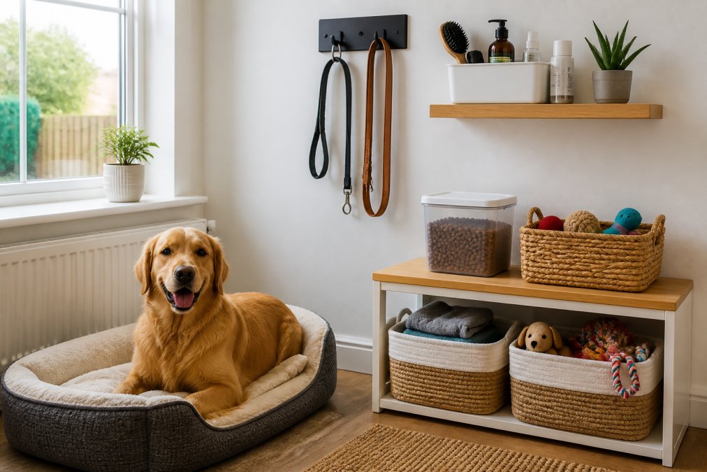 A tidy pet hub corner in a British home with a labelled storage basket for toys, a wall-mounted lead hook, a food container and a small shelf holding grooming supplies, with a dog bed nearby and natural light from a window