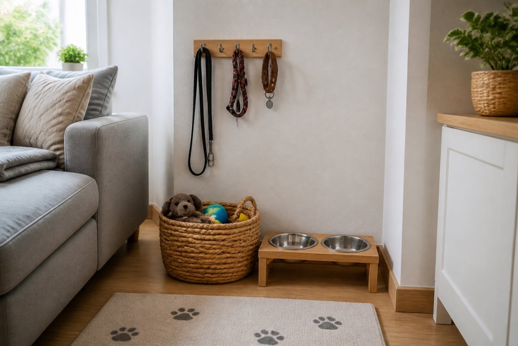 A bright, tidy living room corner with a wall-mounted hook rack holding dog leads and collars, a small wicker basket for toys, and a compact feeding station with two bowls, all neatly arranged in a small apartment setting