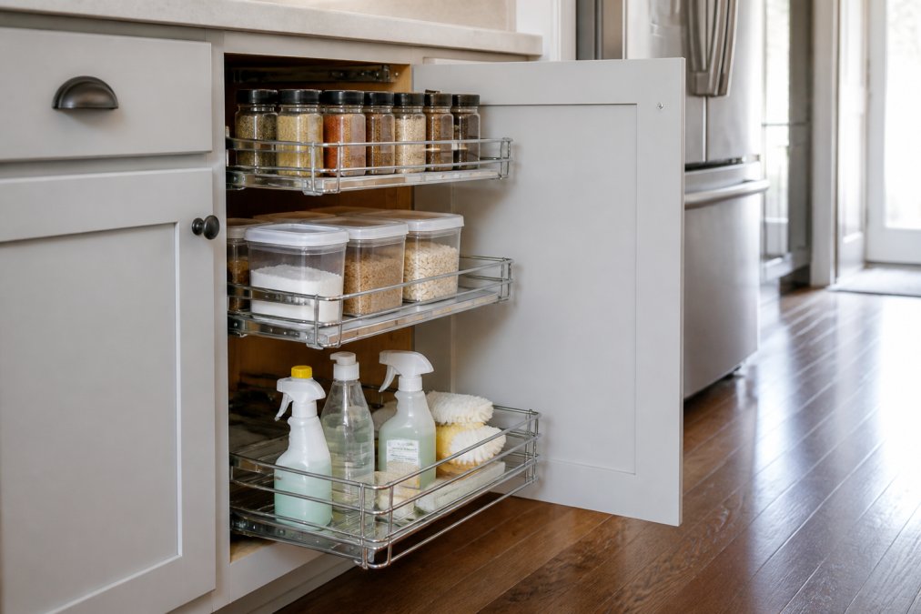 Open kitchen cabinet with pull-out wire baskets organizing cleaning supplies, spices, and pantry items, showing clear visibility and easy accessibility from the side