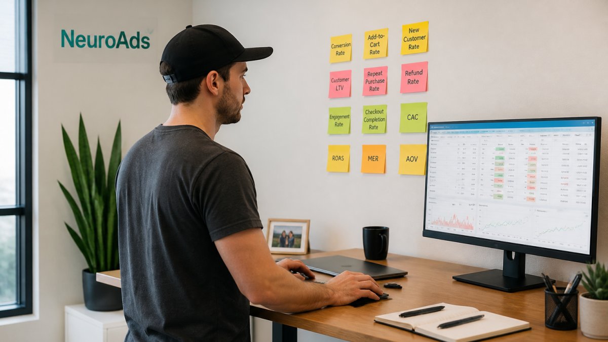 Performance marketer reviewing multi-channel dashboards and performance signals on a monitor