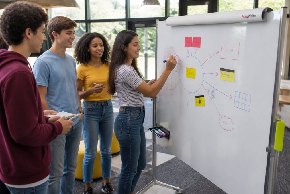 Group of secondary school students gathered around a mobile magnetic whiteboard on wheels in a modern breakout learning space, actively using colourful dry-erase markers to plan and sketch a collaborative project, natural light from nearby windows illuminating engaged faces and collaborative work