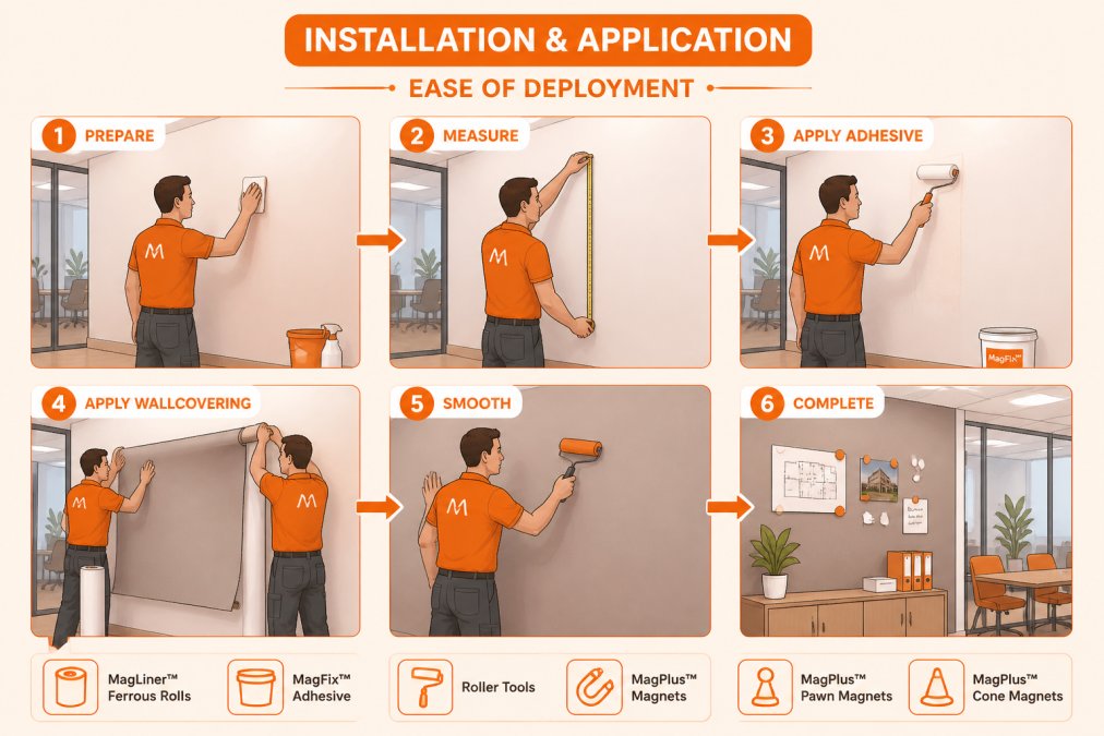 Facilities team applying magnetic wallcovering to office wall with roller tools, showing seamless application process with proper alignment in a modern workspace