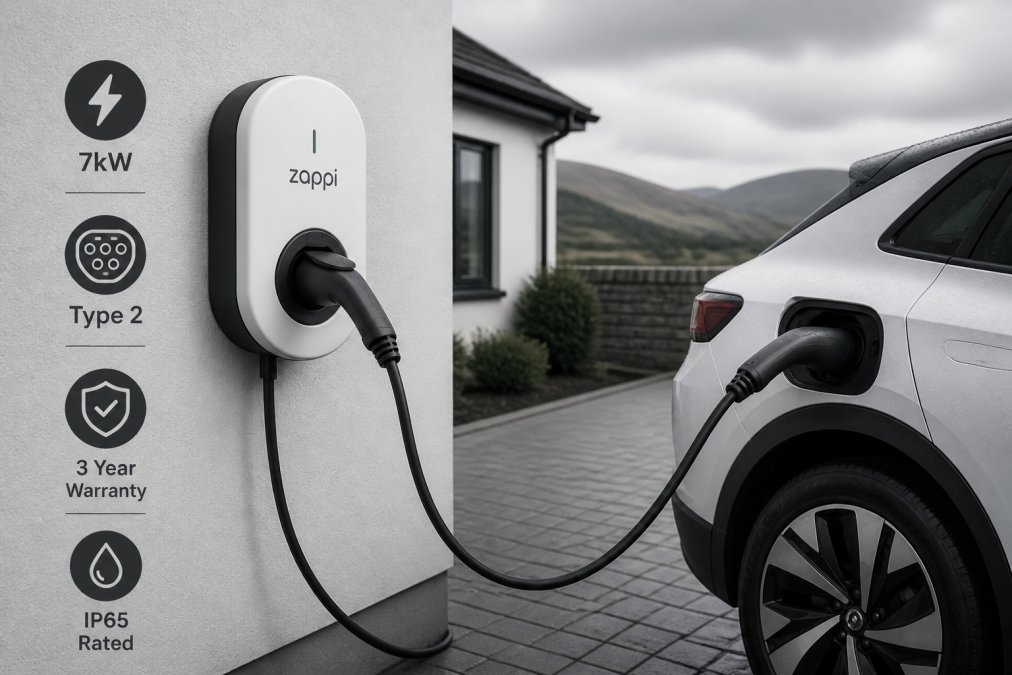 Close-up of a modern white EV charge point unit mounted on a rendered exterior wall of a house, with a Type 2 charging cable plugged into an electric vehicle parked on a driveway in overcast Scottish daylight