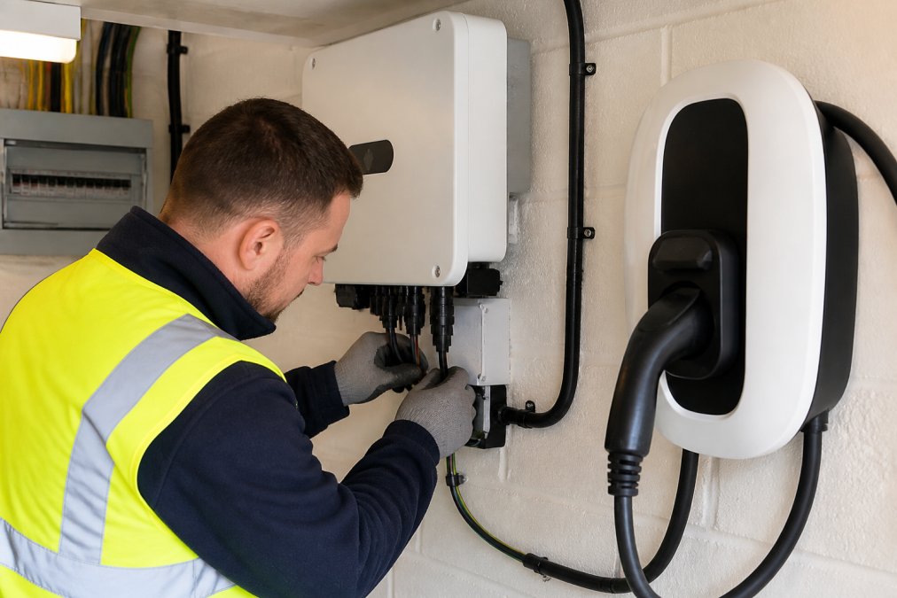 A certified installer in a high-visibility vest and work gloves connecting wiring between a solar inverter and a wall-mounted EV charger unit inside a domestic utility room, with cable management clips and a consumer unit visible in the background
