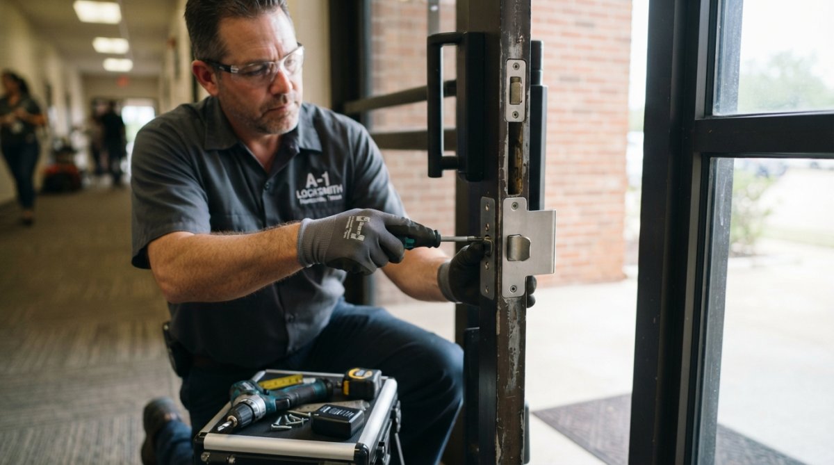 Professional locksmith installing electronic lock on commercial door frame, showing latch plate and strike hardware components being fitted with precision tools