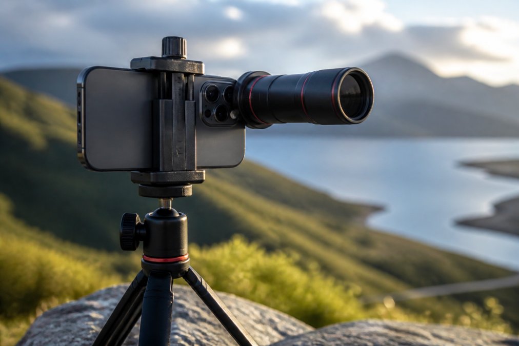 Close-up of a smartphone mounted on a compact tripod with an external telephoto lens attachment clipped to the device, positioned outdoors against a blurred landscape background with natural afternoon sunlight