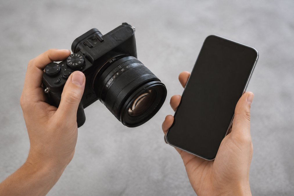 Hands holding a compact mirrorless camera with visible grip and control dials positioned next to a smartphone, both angled to show relative size, weight, and ergonomic differences in a bright studio setting