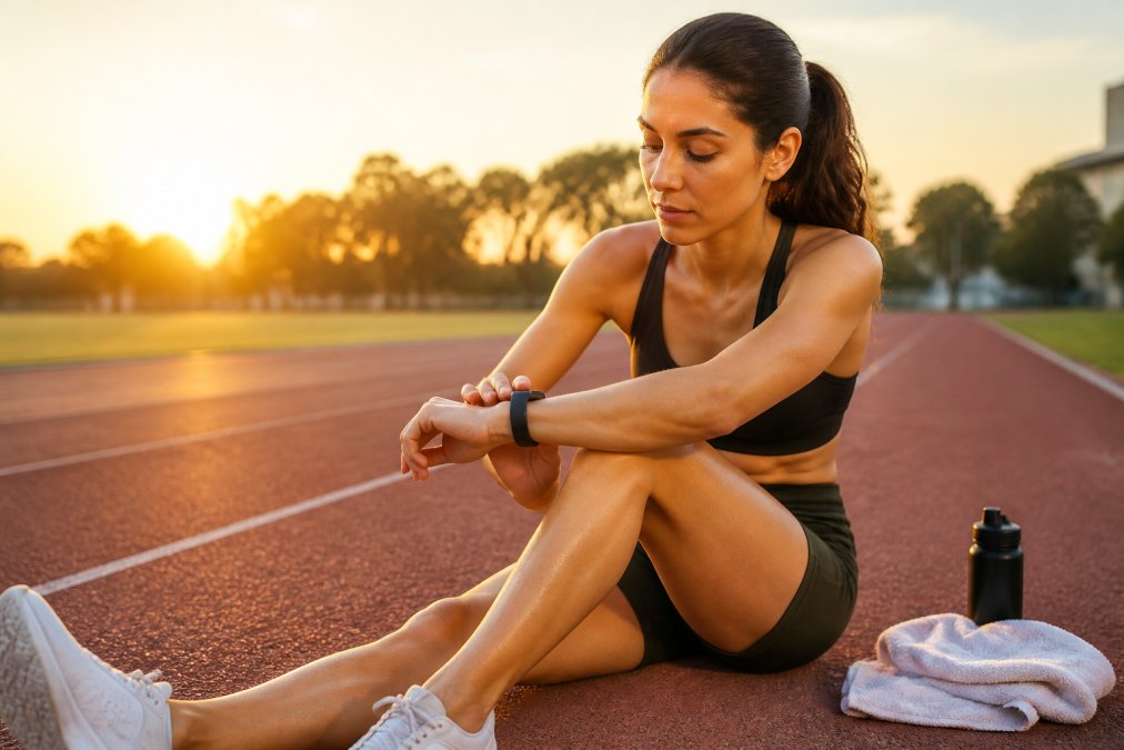A runner checking a screenless fitness tracker on their wrist while stretching on an outdoor track at sunrise, with a water bottle and towel nearby