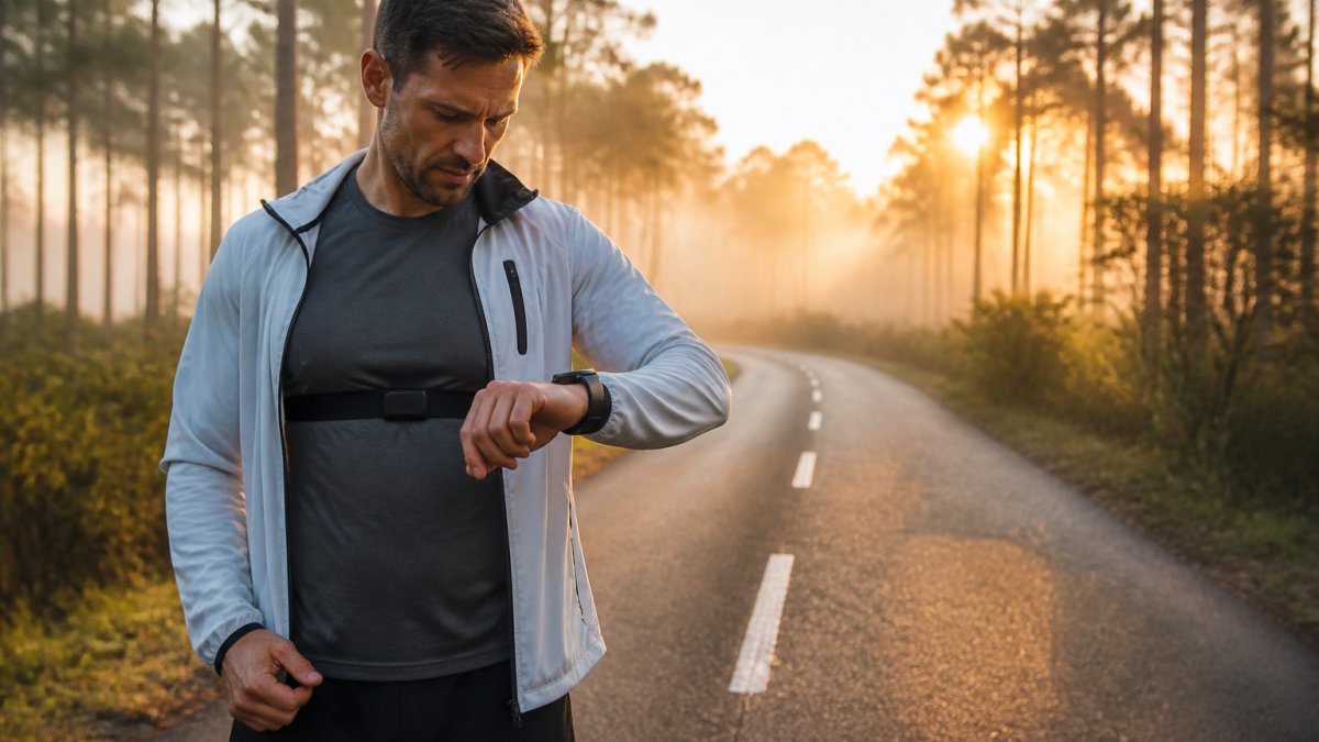 Runner checking their smartwatch while wearing a chest heart rate monitor on a misty morning trail