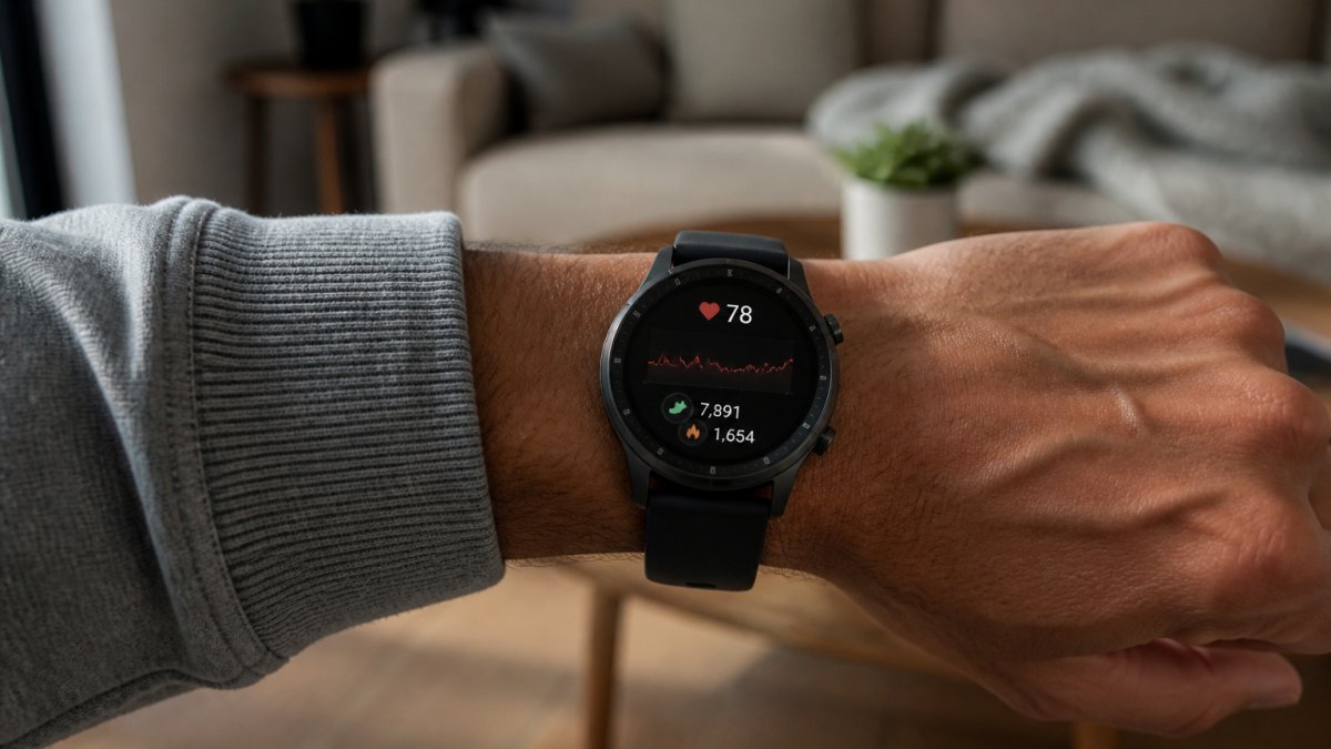 A close-up of a person's wrist wearing a smartwatch showing heart rate and step count on the screen, with a relaxed home setting in the background
