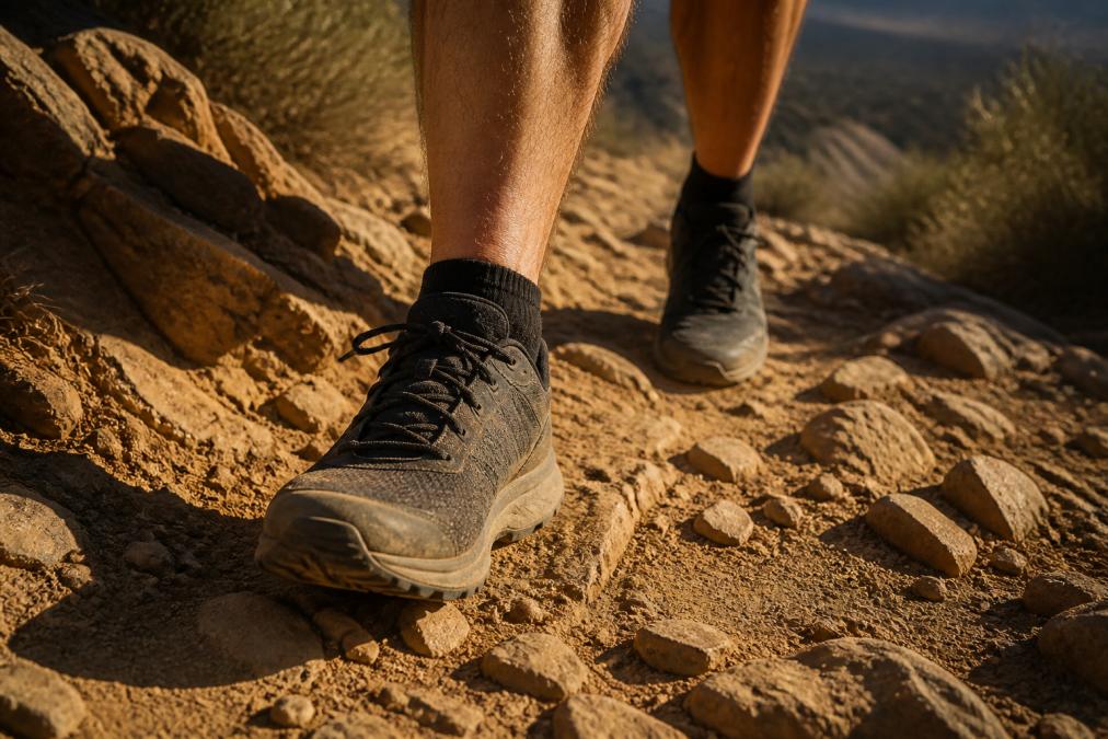 Close-up of a trail runner's feet on a dusty rocky path, wearing black low-cut athletic socks with visible protective cuff, warm afternoon sunlight casting long shadows across the terrain