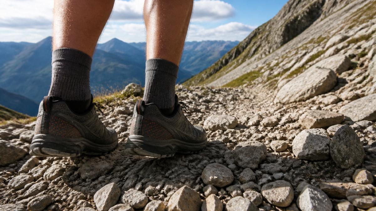 Trail runner's feet in performance socks navigating rocky, technical mountain terrain with sharp stones and loose gravel visible underfoot in bright daylight