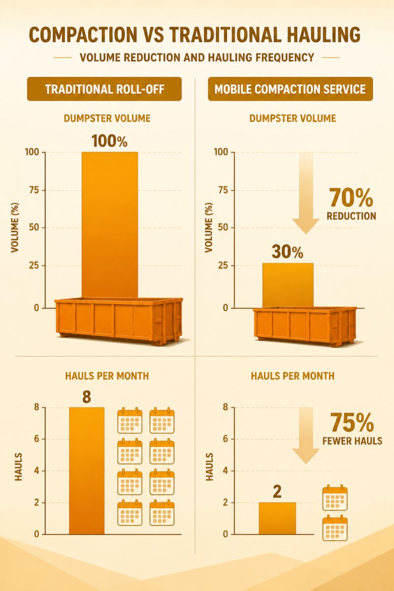 Bar chart comparing dumpster volume and hauling frequency: traditional roll-off service at full volume with frequent hauls per month versus mobile compaction service showing up to 70% volume reduction and fewer hauls per month