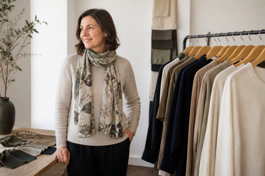 Woman in her forties wearing a Smitten Merino crew neck jumper and printed scarf in a sunlit home studio.