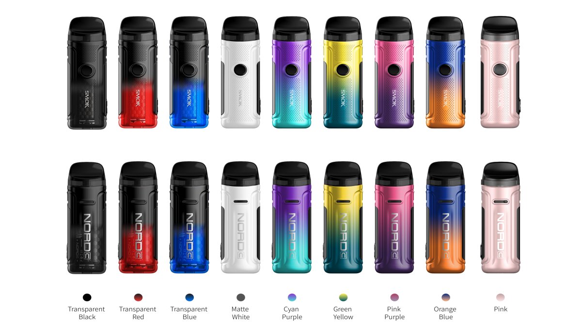 A clean glass counter display in a well-lit vape shop showing several SMOK kits including the Nord GT and Novo 5 arranged in a row with price tags visible
