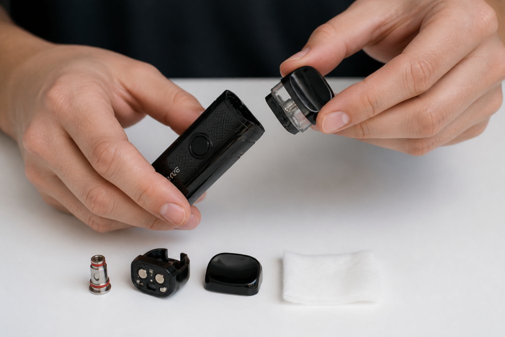 Hands carefully disassembling a SMOK vape device with the pod being removed from the battery unit on a clean white work surface, with organized components visible