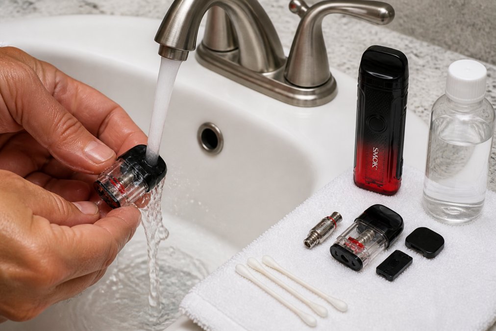 Hands rinsing SMOK tank components under warm running water with cotton swabs and isopropyl alcohol visible on a nearby white towel, showing proper cleaning technique