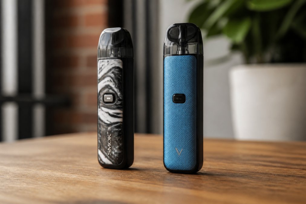 Two vape pod devices placed side by side on a clean wooden surface, one SMOK and one Vaporesso, with soft natural lighting highlighting their compact designs