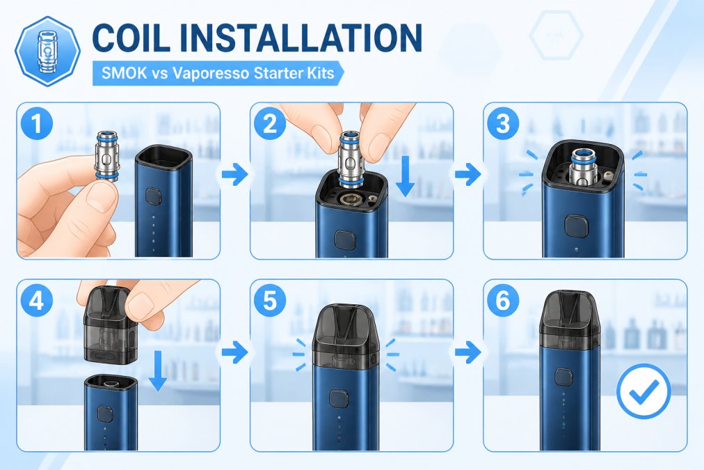 Close-up of a hand holding a replacement vape coil next to an open pod device on a counter, showing the coil installation process in a well-lit shop setting