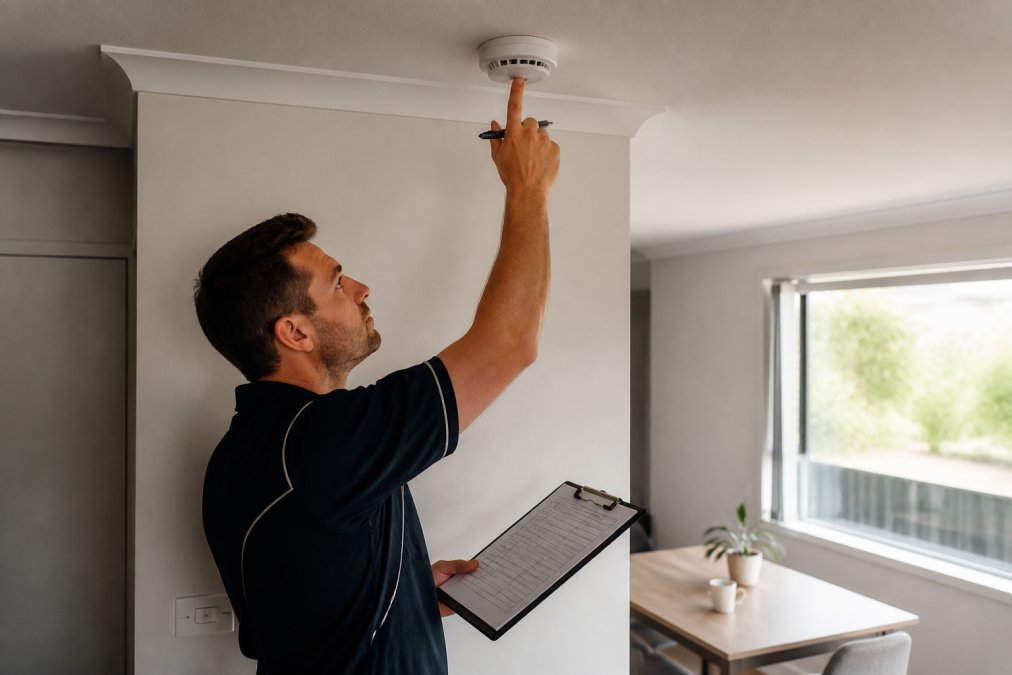 Professional electrician testing a hardwired smoke alarm mounted on ceiling by pressing test button, clipboard with maintenance log visible on desk below, natural daylight from window