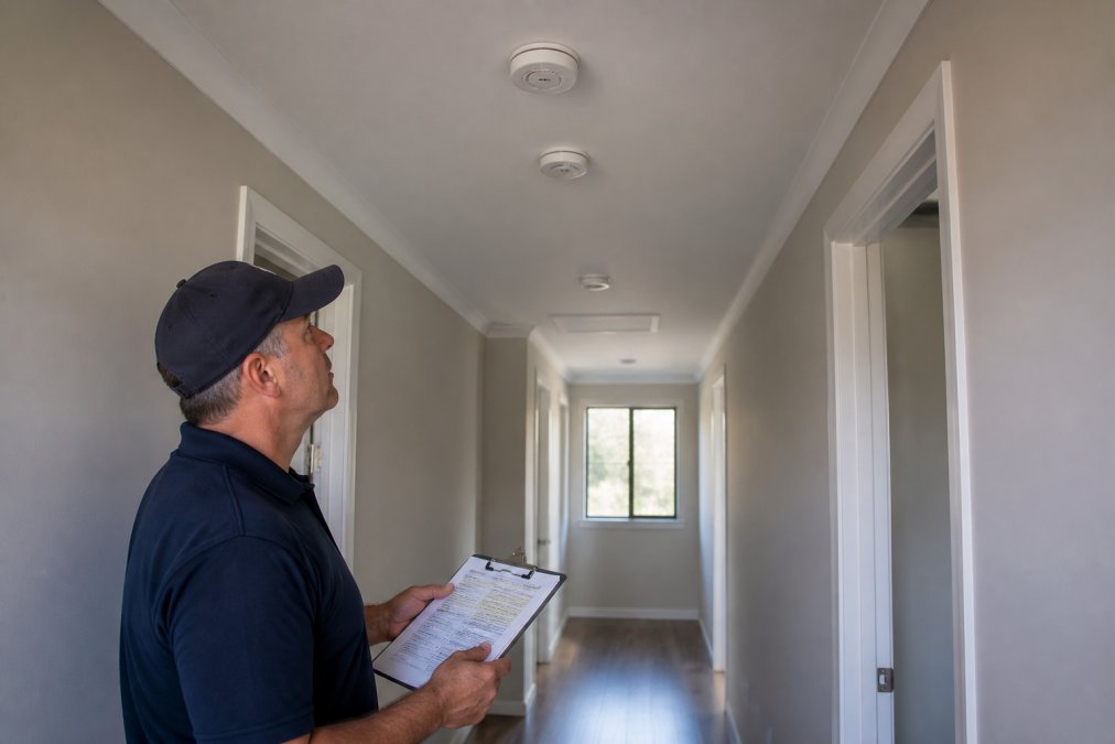 Property manager reviewing smoke alarm maintenance checklist while inspecting ceiling-mounted interconnected alarm units in rental property hallway, natural light highlighting alarm positioning and spacing