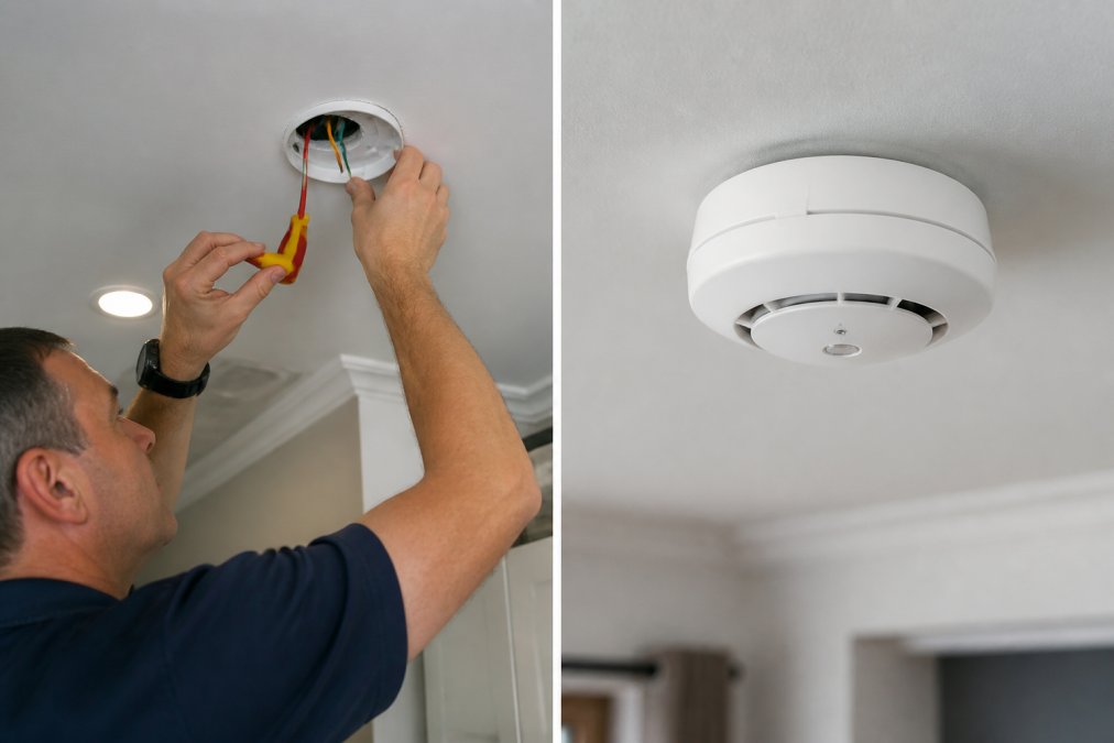 Professional electrician installing a hardwired smoke alarm into a residential ceiling, with visible wiring connections and professional tools on display
